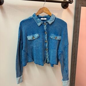 NEW! Zenana Waffle Knit Acid Wash Button Up